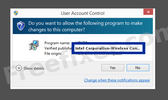 Screenshot where Intel Corporation-Wireless Connectivity Solutions appears as the verified publisher in the UAC dialog